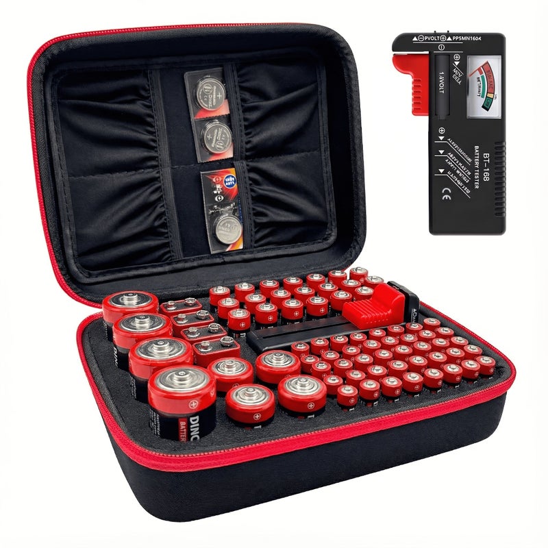 Black Red Zipper Battery Organizer Storage Box for 76+ AA AAA C D 9V Button Batteries - Image 1