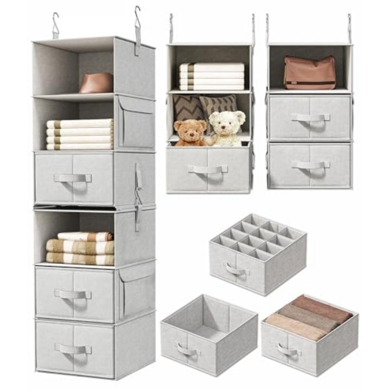 6-Shelf Hanging Closet Organizer with 3 Drawers, 2 Separable 3-Shelf Closet Organizers and Storage for Wardrobe Organization, Hanging Dresser for Nursury and Dorm Clothes Organizer - Image 1