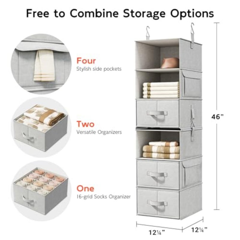 6-Shelf Hanging Closet Organizer with 3 Drawers, 2 Separable 3-Shelf Closet Organizers and Storage for Wardrobe Organization, Hanging Dresser for Nursury and Dorm Clothes Organizer - Image 3