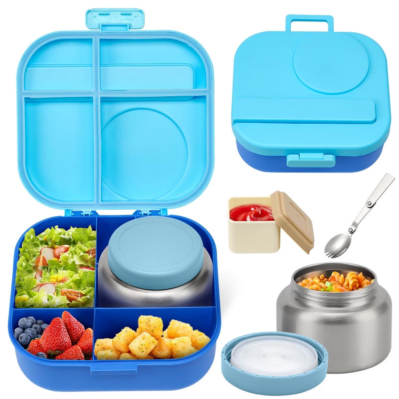 BOSEDSANG Bento Lunch Box for Kids with 12oz Soup Thermo,4 Compartments Lunch Box Containers Kids, Spoon&Sauce Jar, BPA Free&Leak proof,Insulated Food Jar for Travel((Blue) - Image 1