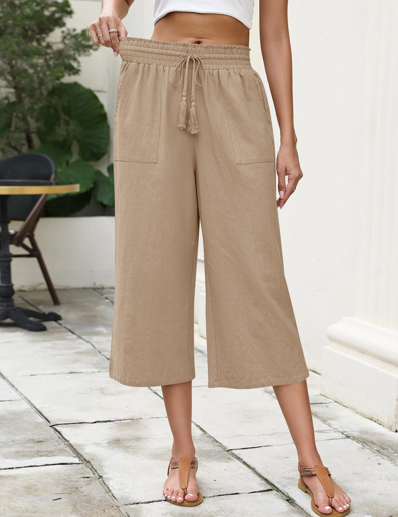 LOMON Khaki Linen Pants for Women Capri Yoga Pants Workout Wide Leg Loose Flowy High Waisted Summer Lounge Baggy Elastic Waist Drawstring Casual Palazzo Trousers with Pockets Khaki X-Large - Image 3