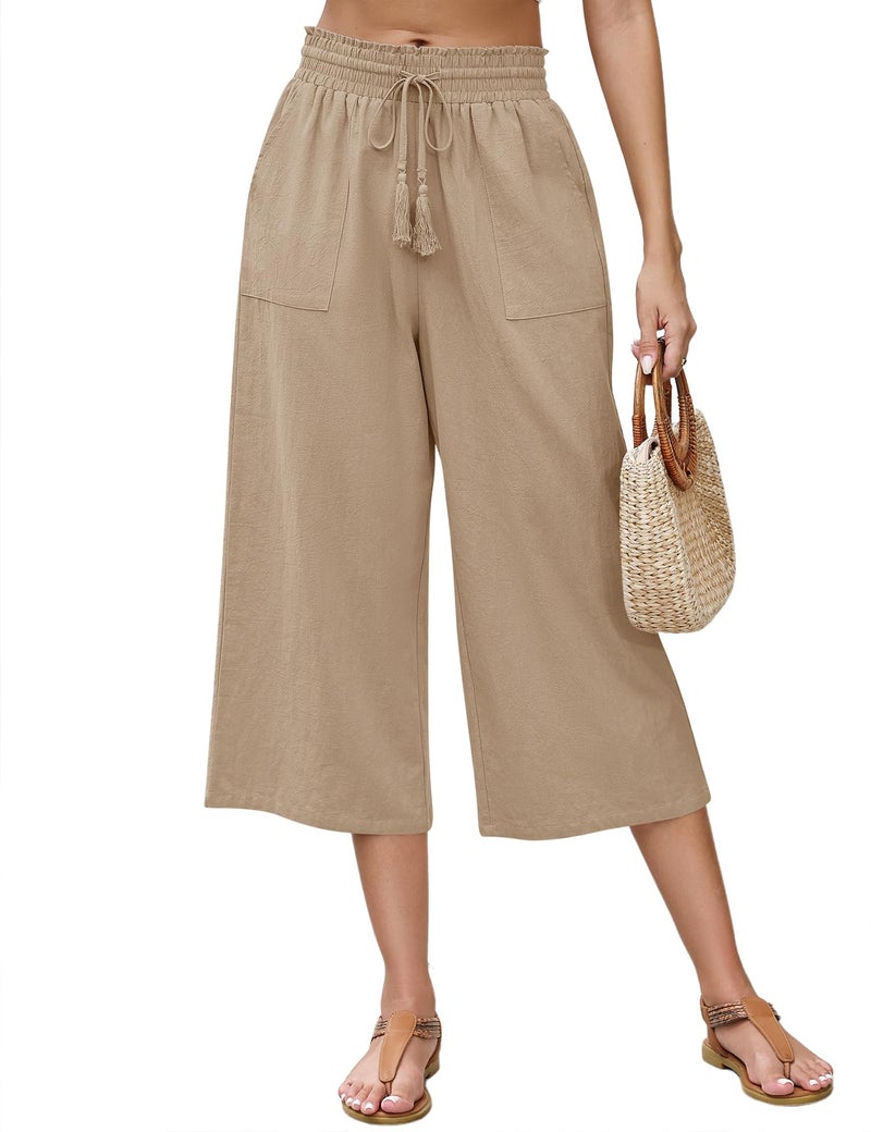 LOMON Khaki Linen Pants for Women Capri Yoga Pants Workout Wide Leg Loose Flowy High Waisted Summer Lounge Baggy Elastic Waist Drawstring Casual Palazzo Trousers with Pockets Khaki X-Large - Image 1