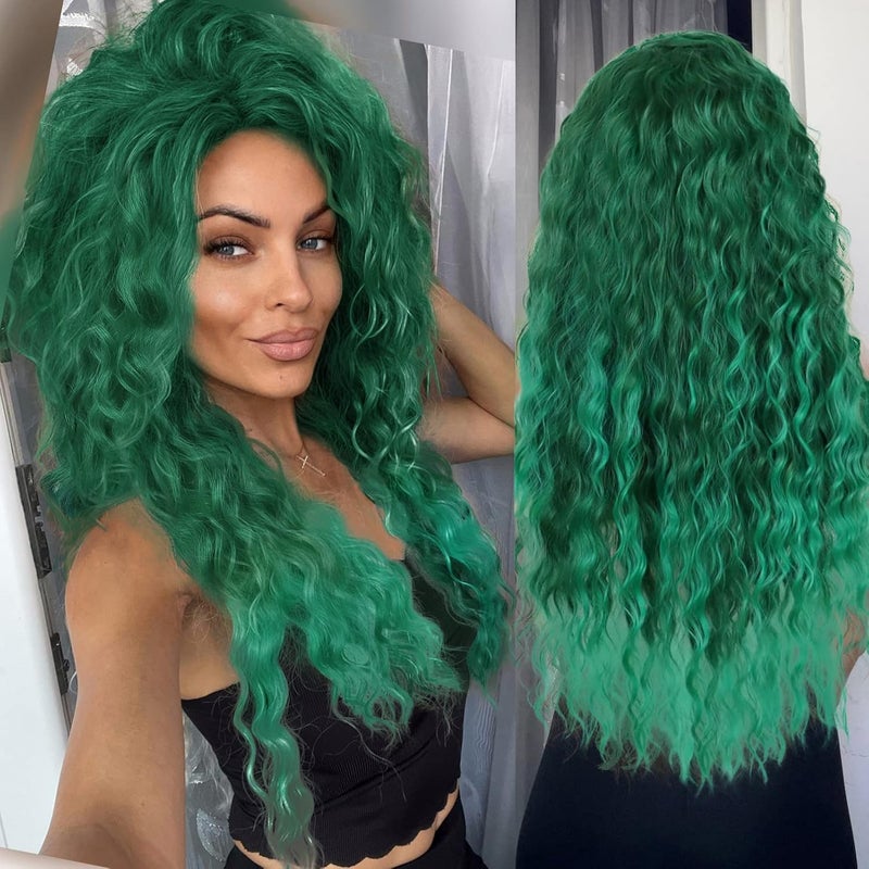 GNIMEGIL 26 Inch Long Curly Wavy Green Wig Natural Ombre Fluffy Synthetic Hair Replacement Wig with Free Part Hairline for Costume Cosplay Halloween Party Suitable for White Women