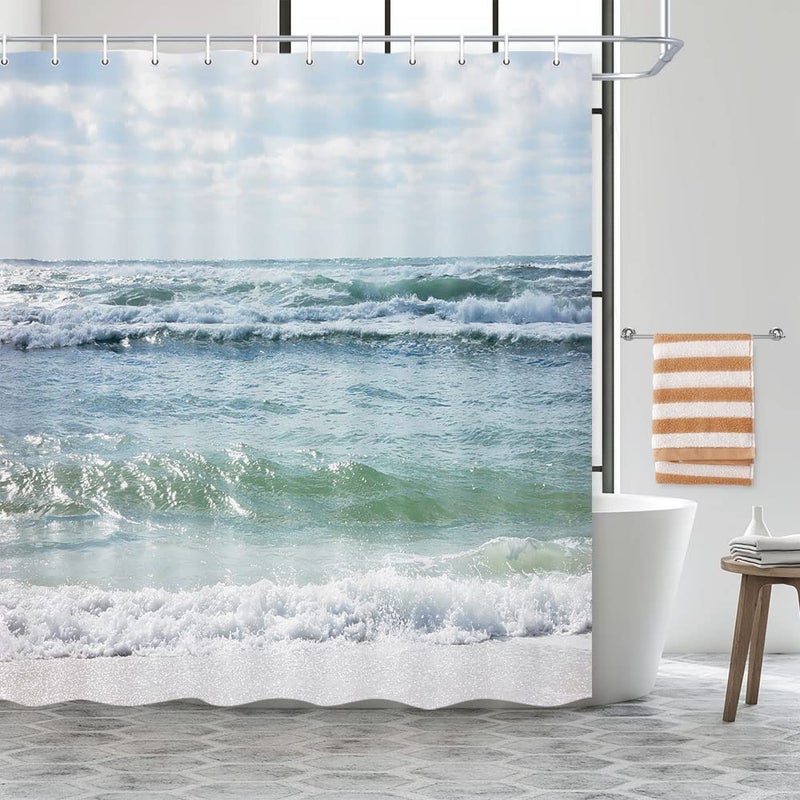 Wathon Fabric Shower Curtains Blue and White Ocean Beach Nautical Decorative Sea Waves Beach Theme Bathroom Curtains Cloth Fabric Bathroom Decor Set with Hooks 72X72IN
