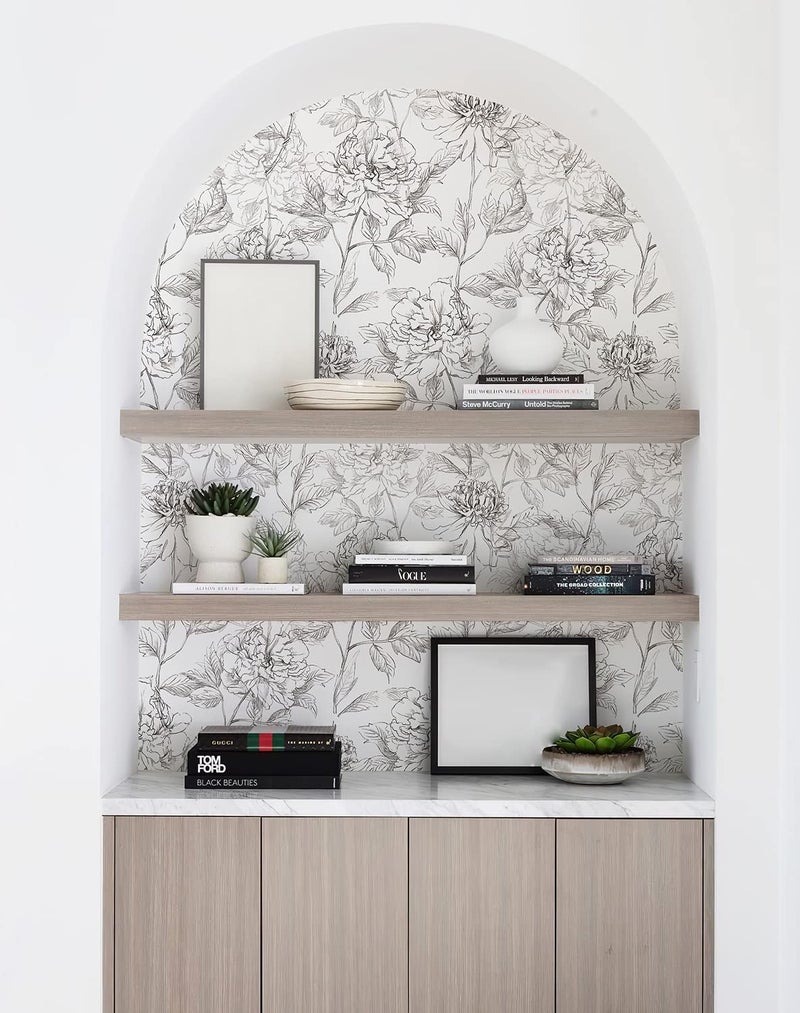 JiffDiff Floral Wallpaper Black & White Peel and Stick Vintage Peony Wall Paper Sketched Floral Self-Adhesive Prepasted Wall Decor Contact Paper Covering 30sq.ft 17.3" X 236.22" - Image 4