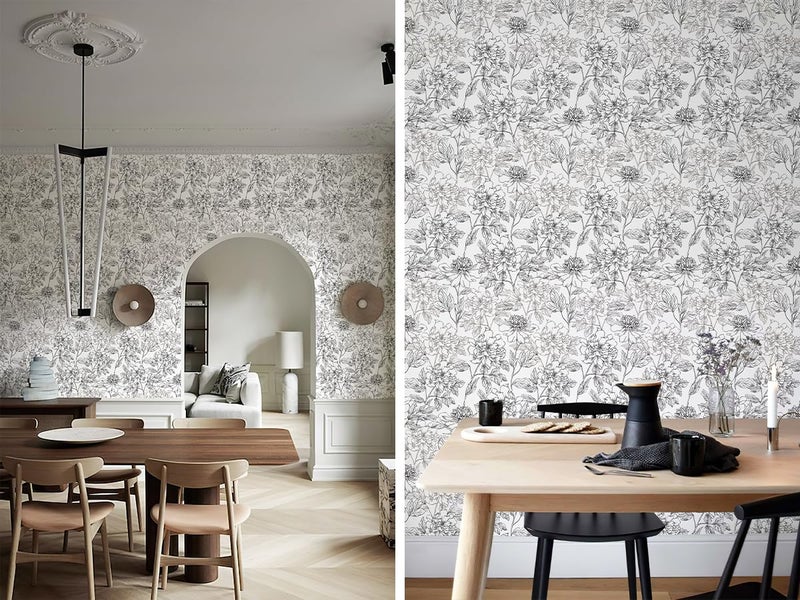 JiffDiff Floral Wallpaper Black & White Peel and Stick Vintage Peony Wall Paper Sketched Floral Self-Adhesive Prepasted Wall Decor Contact Paper Covering 30sq.ft 17.3" X 236.22" - Image 1
