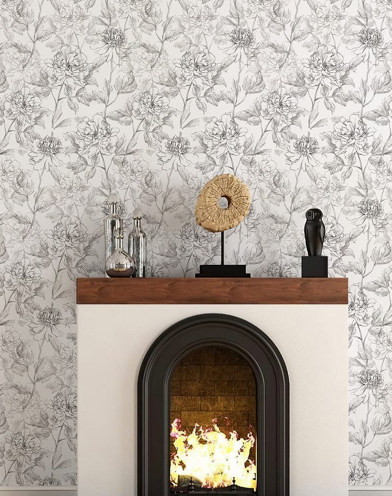 JiffDiff Floral Wallpaper Black & White Peel and Stick Vintage Peony Wall Paper Sketched Floral Self-Adhesive Prepasted Wall Decor Contact Paper Covering 30sq.ft 17.3" X 236.22" - Image 2