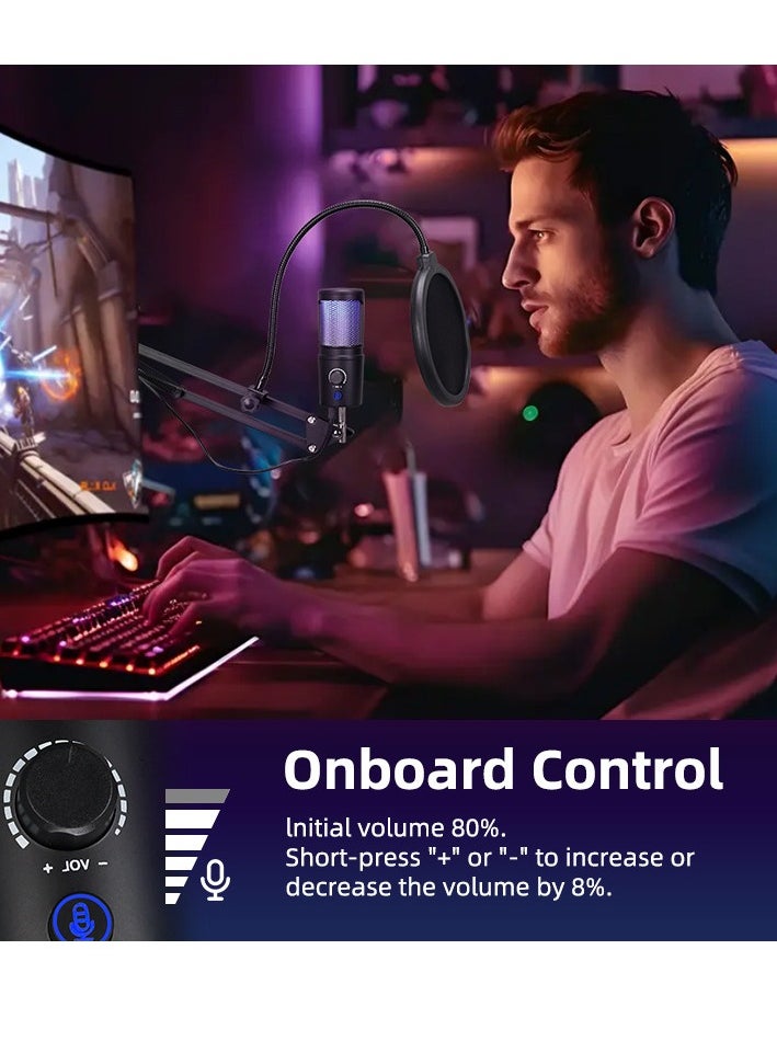 Generic Universal gaming microphone, USB PC microphone for streaming, podcasting, recording, capacitive computer desktop microphone On Mac/PS4/PS5, with RGB control, mute touch, headphone jack, blowout cover, vertical AmpliGame A8  - Image 1