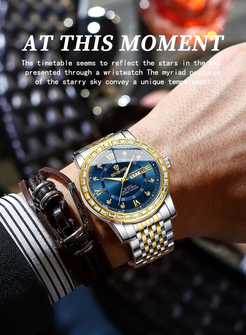 بينبوند ساعة BINBOND للرجال فاخرة من الكوارتز مناسبة للأعمال والتجمعات الرياضية مصنوعة من الفولاذ المقاوم للصدأ ومقاومة للماء ومرصعة بالألماس باللون الأزرق ساعات كوارتز للرجال - Image 2