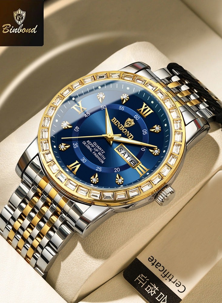 بينبوند ساعة BINBOND للرجال فاخرة من الكوارتز مناسبة للأعمال والتجمعات الرياضية مصنوعة من الفولاذ المقاوم للصدأ ومقاومة للماء ومرصعة بالألماس باللون الأزرق ساعات كوارتز للرجال - Image 1