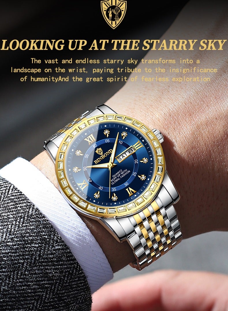 بينبوند ساعة BINBOND للرجال فاخرة من الكوارتز مناسبة للأعمال والتجمعات الرياضية مصنوعة من الفولاذ المقاوم للصدأ ومقاومة للماء ومرصعة بالألماس باللون الأزرق ساعات كوارتز للرجال - Image 5