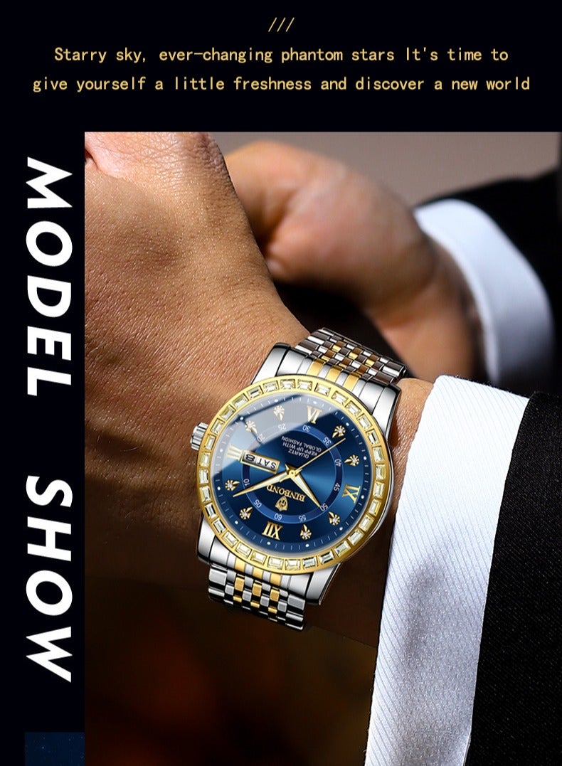 بينبوند ساعة BINBOND للرجال فاخرة من الكوارتز مناسبة للأعمال والتجمعات الرياضية مصنوعة من الفولاذ المقاوم للصدأ ومقاومة للماء ومرصعة بالألماس باللون الأزرق ساعات كوارتز للرجال - Image 4