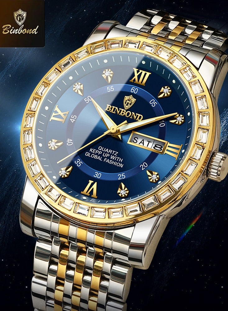 بينبوند ساعة BINBOND للرجال فاخرة من الكوارتز مناسبة للأعمال والتجمعات الرياضية مصنوعة من الفولاذ المقاوم للصدأ ومقاومة للماء ومرصعة بالألماس باللون الأزرق ساعات كوارتز للرجال - Image 3