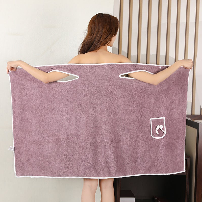 Coral Fleece Bath Skirt Soft Absorbent Shoulder Strap Wearable Sling Bath Towel Strapless Pocket Bow Bathrobe - Image 3