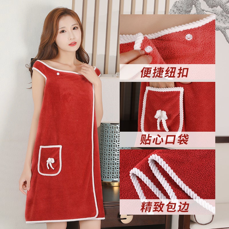 Coral Fleece Bath Skirt Soft Absorbent Shoulder Strap Wearable Sling Bath Towel Strapless Pocket Bow Bathrobe - Image 5