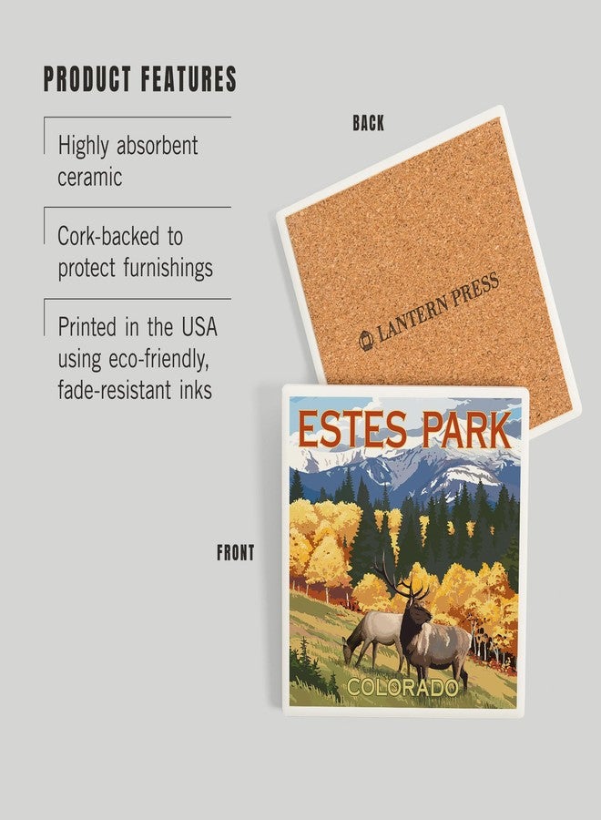 Lantern Press Estes Park, Colorado, Elk and Mountains (Absorbent Ceramic Coaster, Single, Cork Back, Kitchen Table Decor) - Image 3