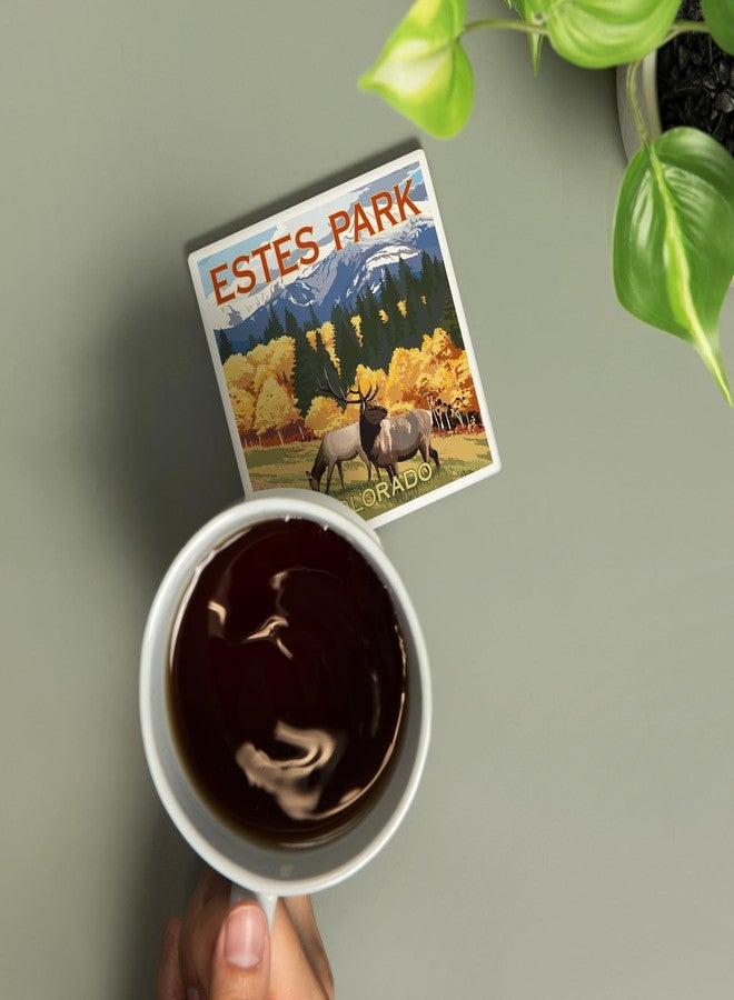 Lantern Press Estes Park, Colorado, Elk and Mountains (Absorbent Ceramic Coaster, Single, Cork Back, Kitchen Table Decor) - Image 2
