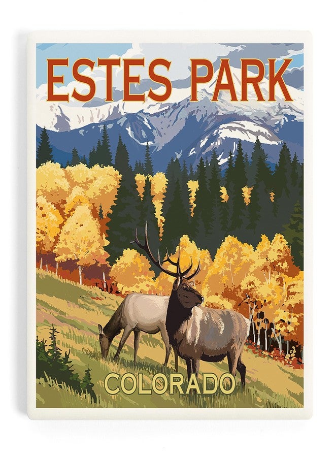 Lantern Press Estes Park, Colorado, Elk and Mountains (Absorbent Ceramic Coaster, Single, Cork Back, Kitchen Table Decor) - Image 1