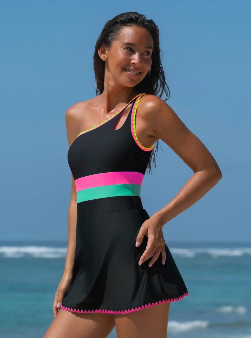 popvil Women One Shoulder One Piece Swimsuit 2026 Tummy Control Swim Dress with Skirt Neon Bathing Suit - Image 3