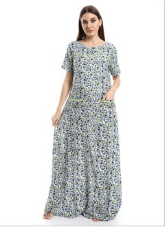 Off-White, Lime & Navy Blue Floral Patterned Nightgown_Lime
