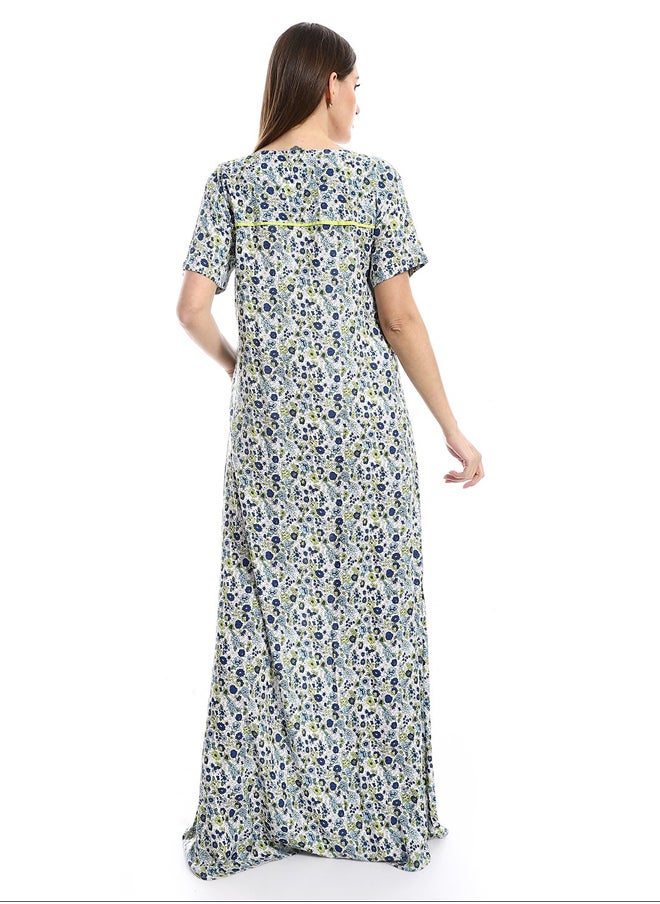 Andora - Off-White, Lime & Navy Blue Floral Patterned Nightgown_Lime - Image 1