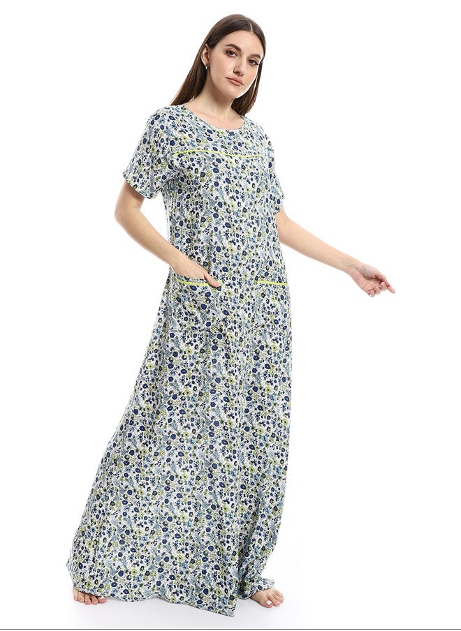 Andora - Off-White, Lime & Navy Blue Floral Patterned Nightgown_Lime - Image 1