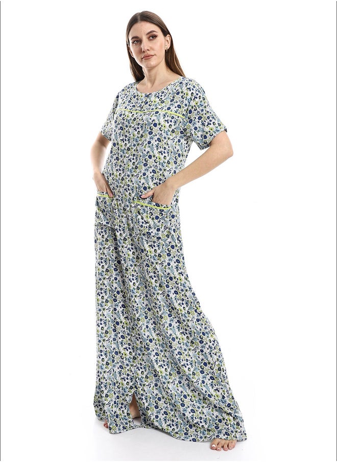 Andora - Off-White, Lime & Navy Blue Floral Patterned Nightgown_Lime - Image 1