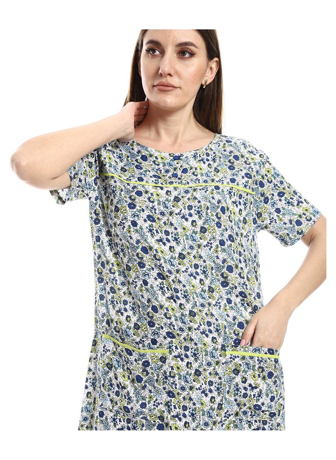Andora - Off-White, Lime & Navy Blue Floral Patterned Nightgown_Lime - Image 1