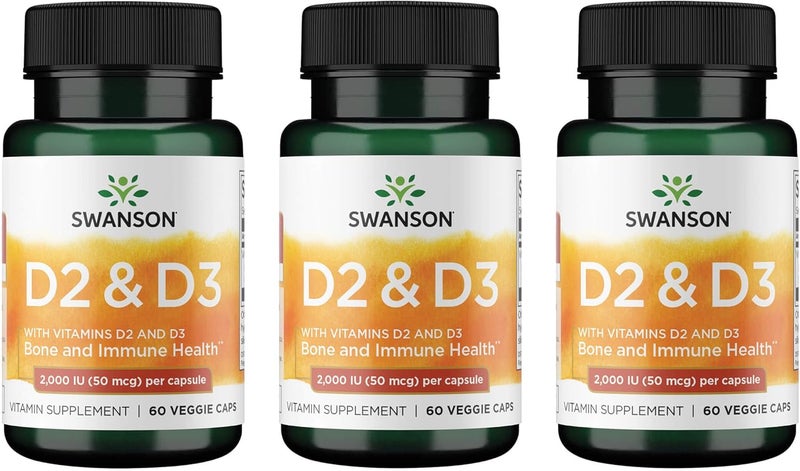 Swanson Vitamin D Complex with Vitamins D2  D3  Complete Sunshine Vitamin Complex for Bone Dental  Immune Health  Vitamin Supplement 50 mcg 60 Veggie Capsules 3 Pack - Image 1