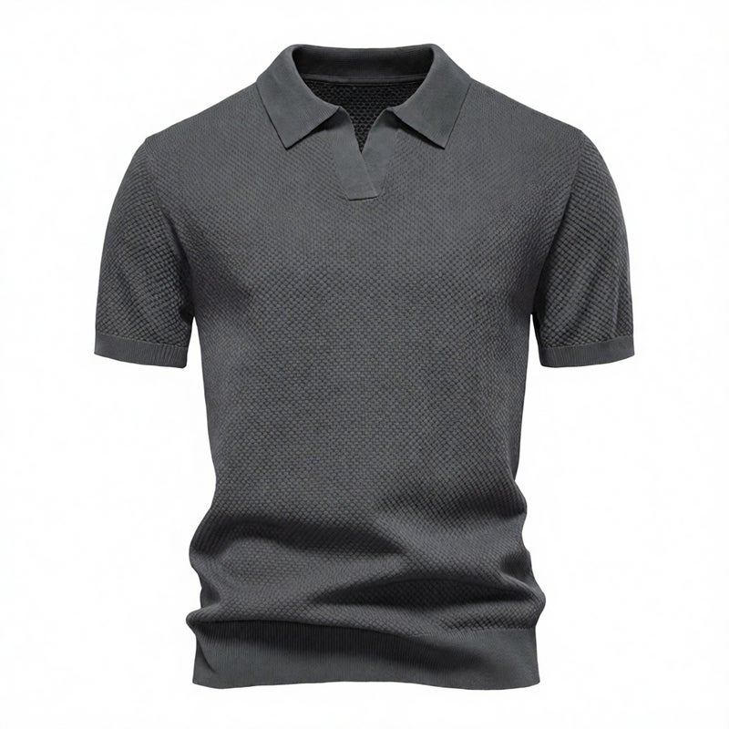 Men's Short Sleeve Knitted Polo Shirt with Textured Pattern - Image 1
