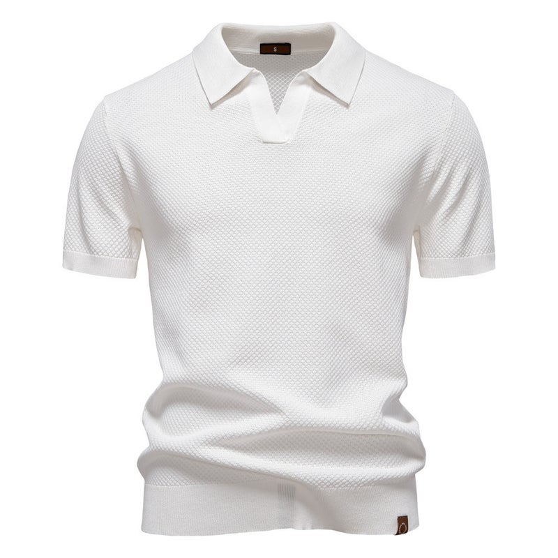 Men's Short Sleeve Knitted Polo Shirt with Textured Pattern - Image 2