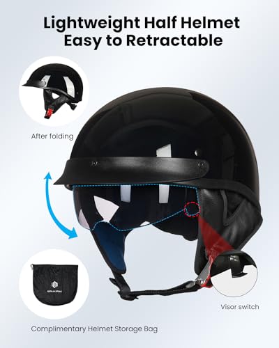 ILM Half Helmet Motorcycle Open Face Sun Visor Quick Release Buckle DOT Approved Cycling Motocross Suits Men Women 205V (M, Gloss Black) - Image 4