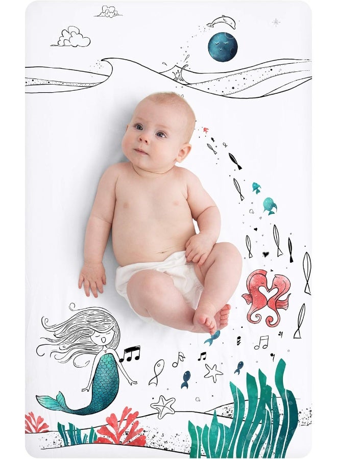 JumpOff Jo JumpOff Jo - Fitted Mini Crib Sheet for Portable Crib, Playard, and Playpen Mattresses and Mats, Super Soft 100% Cotton, 24 in. x 38 in. - Moonlight Mermaid - Image 1