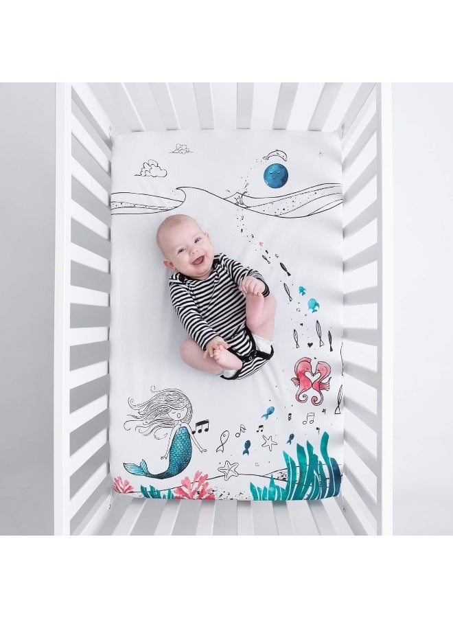 JumpOff Jo JumpOff Jo - Fitted Mini Crib Sheet for Portable Crib, Playard, and Playpen Mattresses and Mats, Super Soft 100% Cotton, 24 in. x 38 in. - Moonlight Mermaid - Image 2