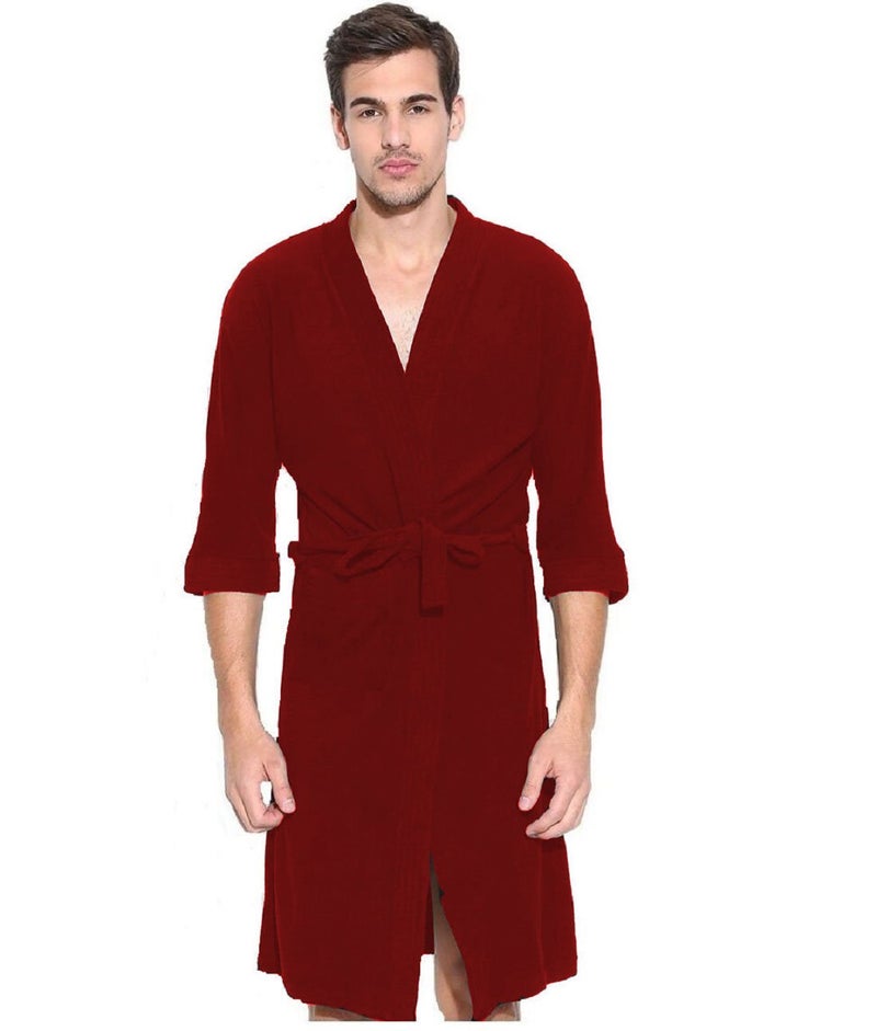 ELEVANTO Bathrobes For Mens Collection 34 Sleeve Soft Terry Cotton Bathrobe Free SizeRED - Image 1