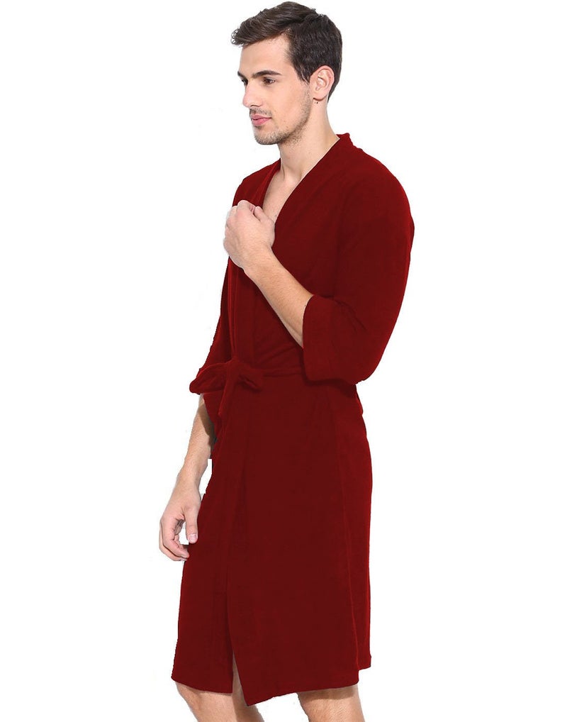 ELEVANTO Bathrobes For Mens Collection 34 Sleeve Soft Terry Cotton Bathrobe Free SizeRED - Image 2