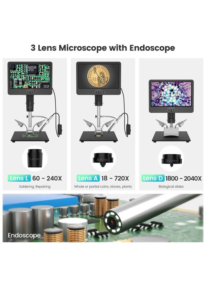 Andonstar AD249S-M 3 Lens HDMI Digital Microscope 2000x with Endoscope, 2160P UHD Video Record 10.1 Inch LCD Microscope, Soldering Electronic Microscope, Coin Biological Microscope, Windows Compatible  - Image 2