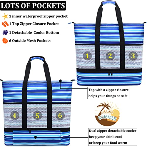 JIANYA Beach Bag Women Waterproof Sandproof Beach Tote Bags with Cooler Top Zipper Large Totes for Beach Pool Travel Daily, Small Stripes Pink - Image 5