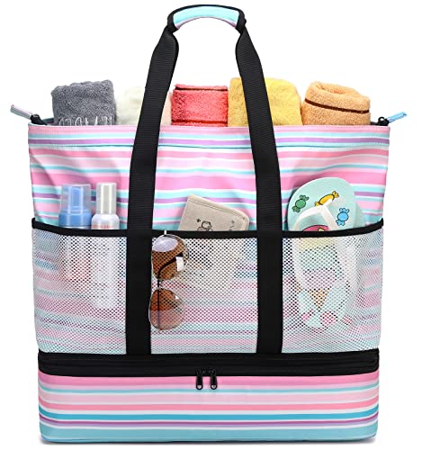 JIANYA Beach Bag Women Waterproof Sandproof Beach Tote Bags with Cooler Top Zipper Large Totes for Beach Pool Travel Daily, Small Stripes Pink - Image 1
