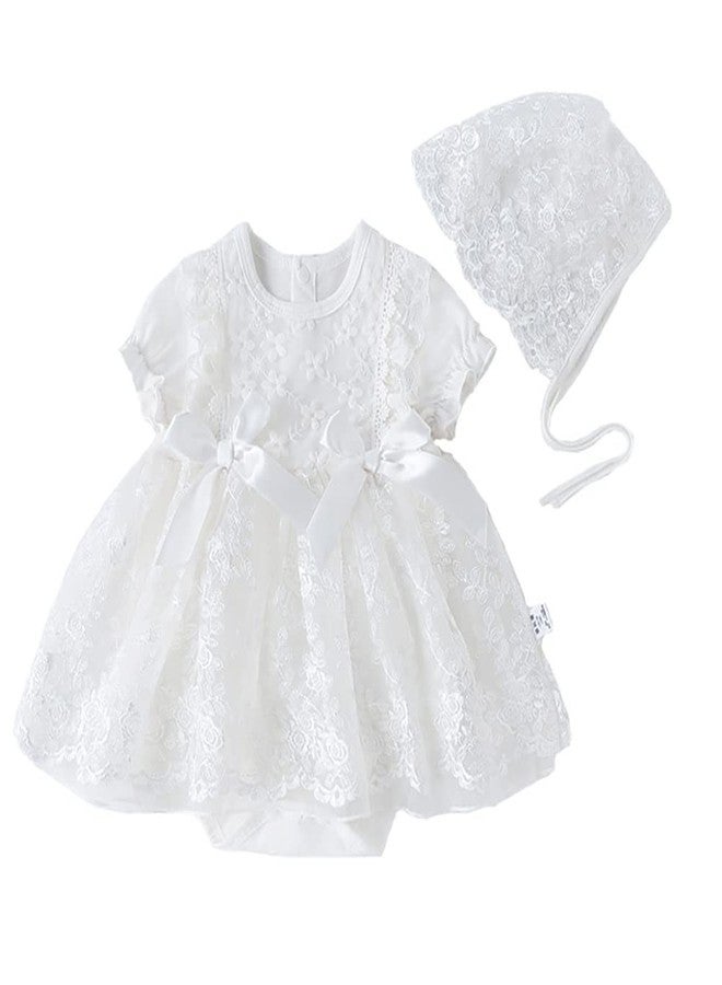 IBAKOM NewBorn Infant Baby Girl Fall Winter Dress Toddler Easter Birthday Outfits Long Sleeve Christening Baptism Tulle Tutu Dresses with Bonnet Flower Girl Wedding Prom Dress White Bow 0-3 Months - Image 1
