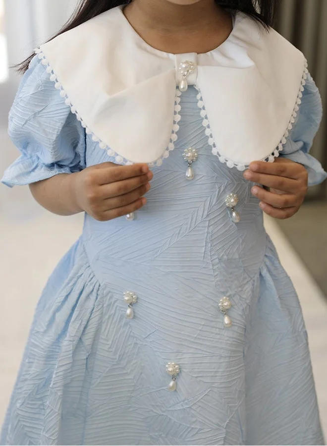 Hawraa Abaya Girls’ Sky Blue Patterned Dress with Wide White Collar and Pearl Embellishments