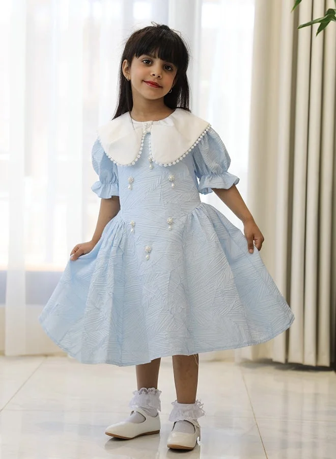Hawraa Abaya Girls’ Sky Blue Patterned Dress with Wide White Collar and Pearl Embellishments