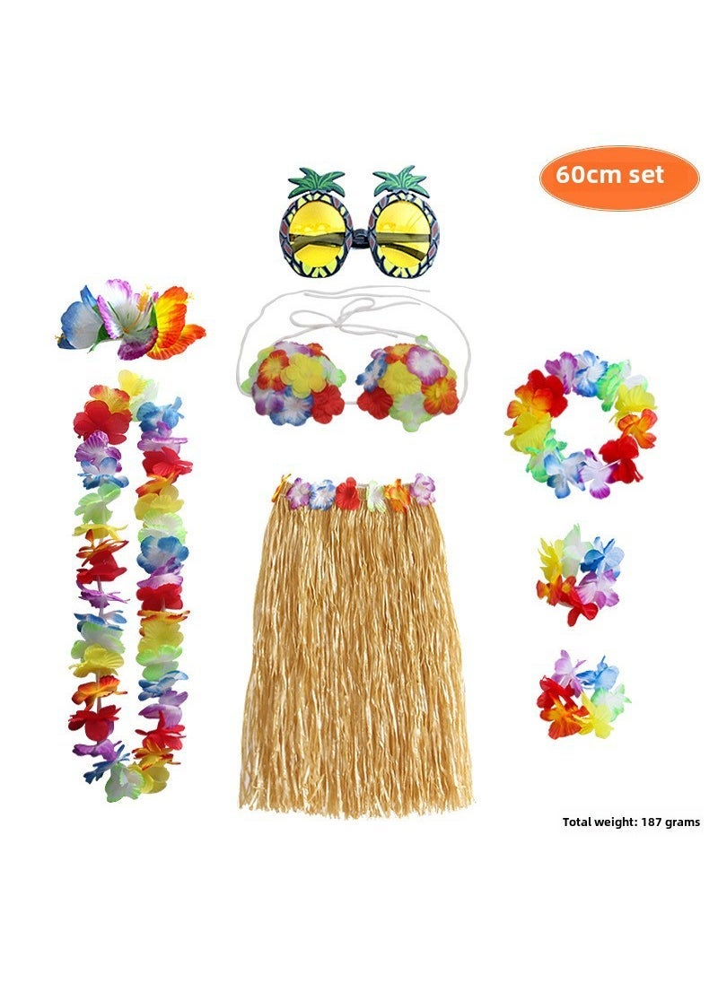 1 x 5 pcs Hawaiian Party Costume Set with Skirt Lei Bra Clip Pineapple Glasses 60CM straw straw skirt + bra + pineapple glasses + classic Garland 4-piece set + hibiscus hairpin