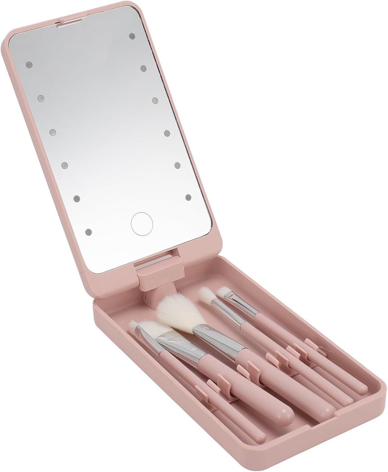 Travel Makeup Brushes Set 5 Piece Mini Makeup Brush Set with Case and LED Makeup Mirror Small Complete Function Cosmetic Brushes Kit Ideal Women