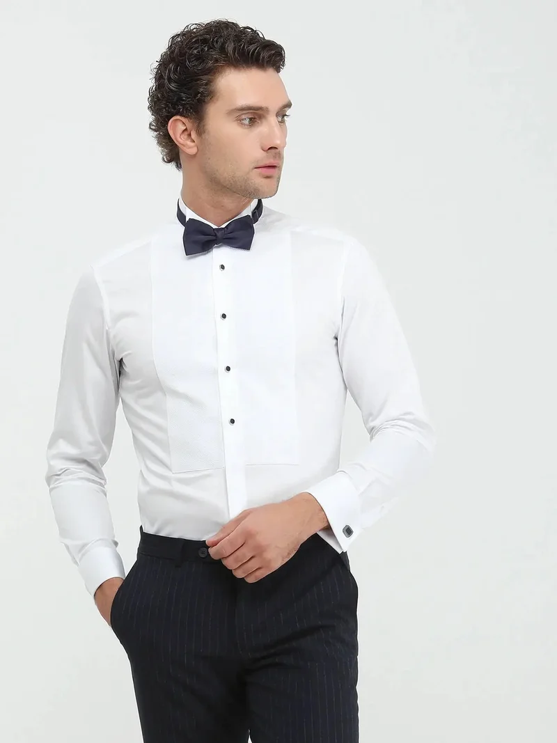 Kip White Plain Slim Fit Double Cuff Wing Collar Tuxedo Shirts