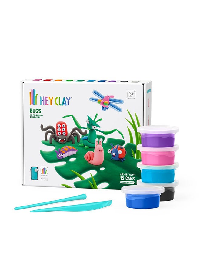 HEY CLAY Bugs Set-Colourful Modeling Kids-Air Dry Clay Kit 15 Cans And Sculpting Tools - Image 1