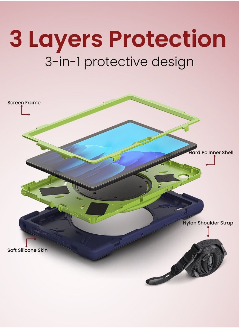 Moxedo - Moxedo Heavy Duty Shockproof Rugged Protective Colorful Case with 360 Rotating Kickstand and Shoulder Strap for Kids Compatible for Samsung Galaxy Tab A7 10.4 Inch (T500/T505) - Navy Blue/Lime - Image 1