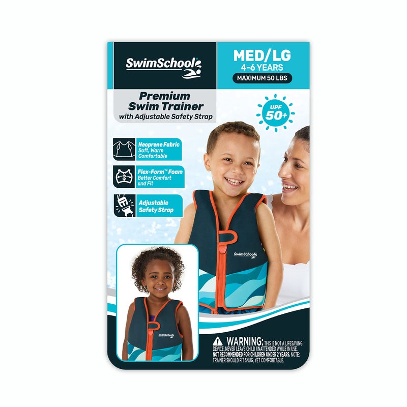 SwimSchool New SWIMSCHOOL Neoprene Premium Swim Trainer Vest â€“ Medium/Large Up to 50 Lbs. â€“ Easy On & Off Kids Swim Vest and Adjustable Safety Strap â€“ Blue/Black/Green Wave - Image 2