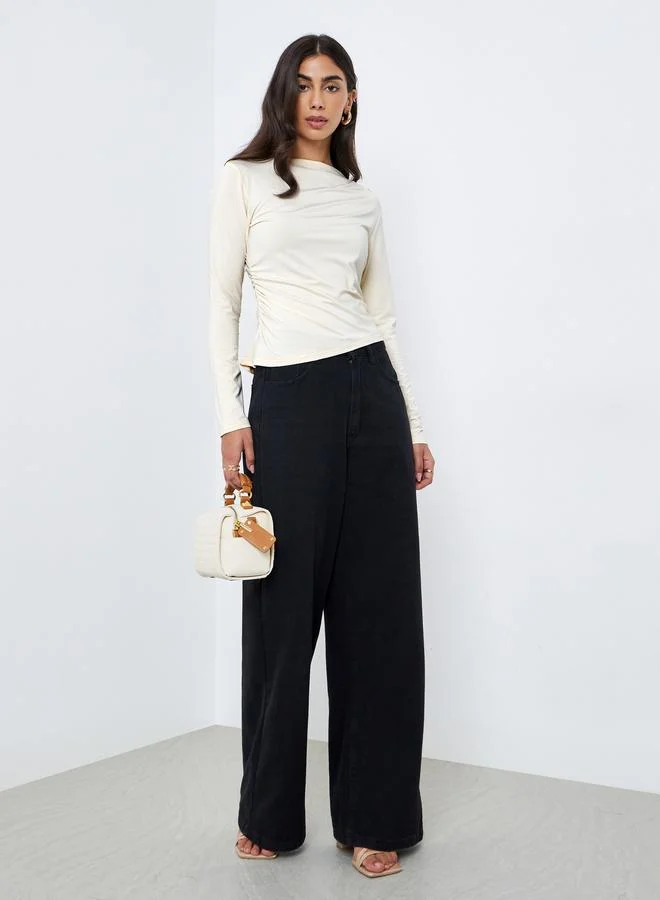 Take Two Take Two Beige Gathered Detail Long Sleeve Top