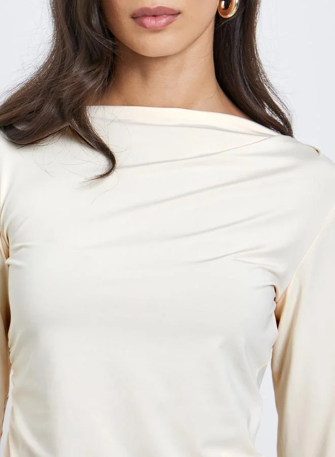 Take Two Take Two Beige Gathered Detail Long Sleeve Top